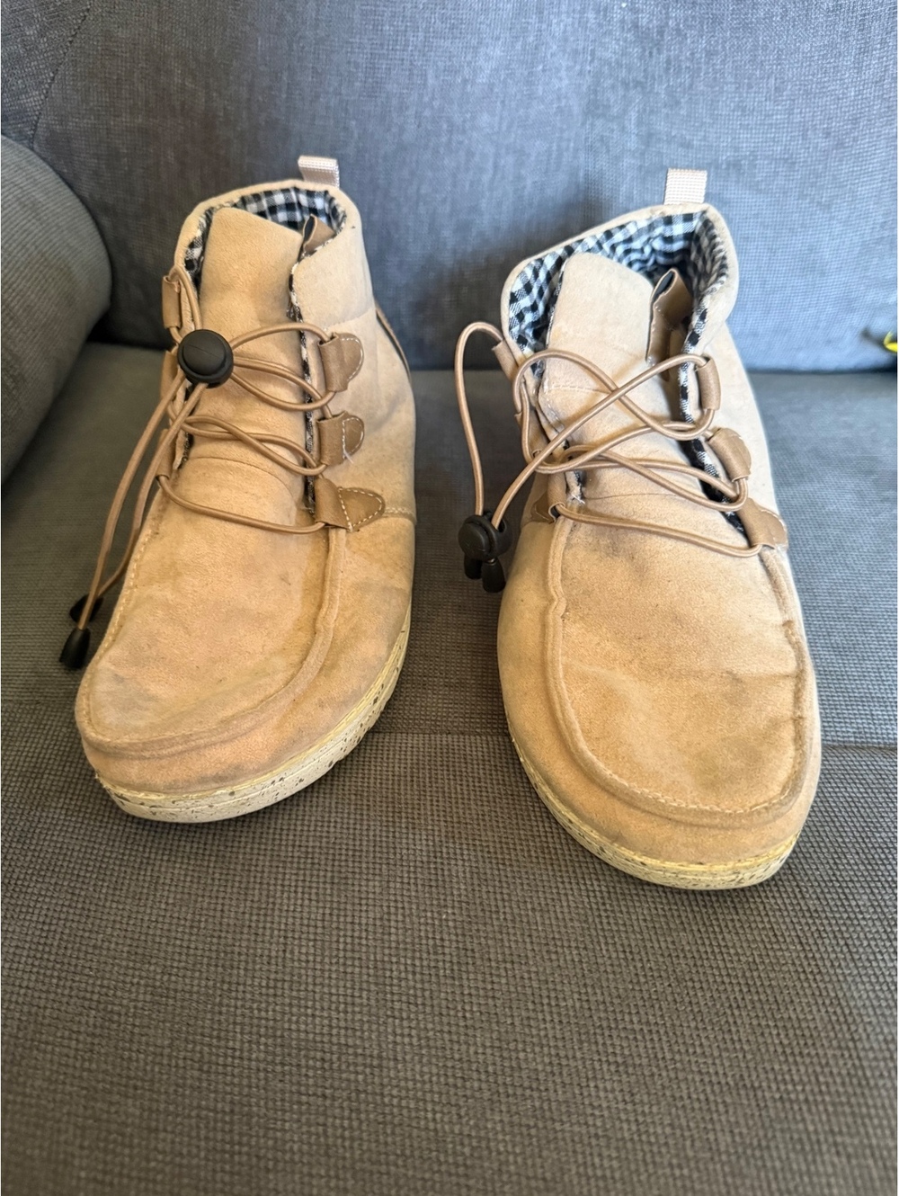 Tan Suede Lace-Up Casual Boots with Checkered Interior